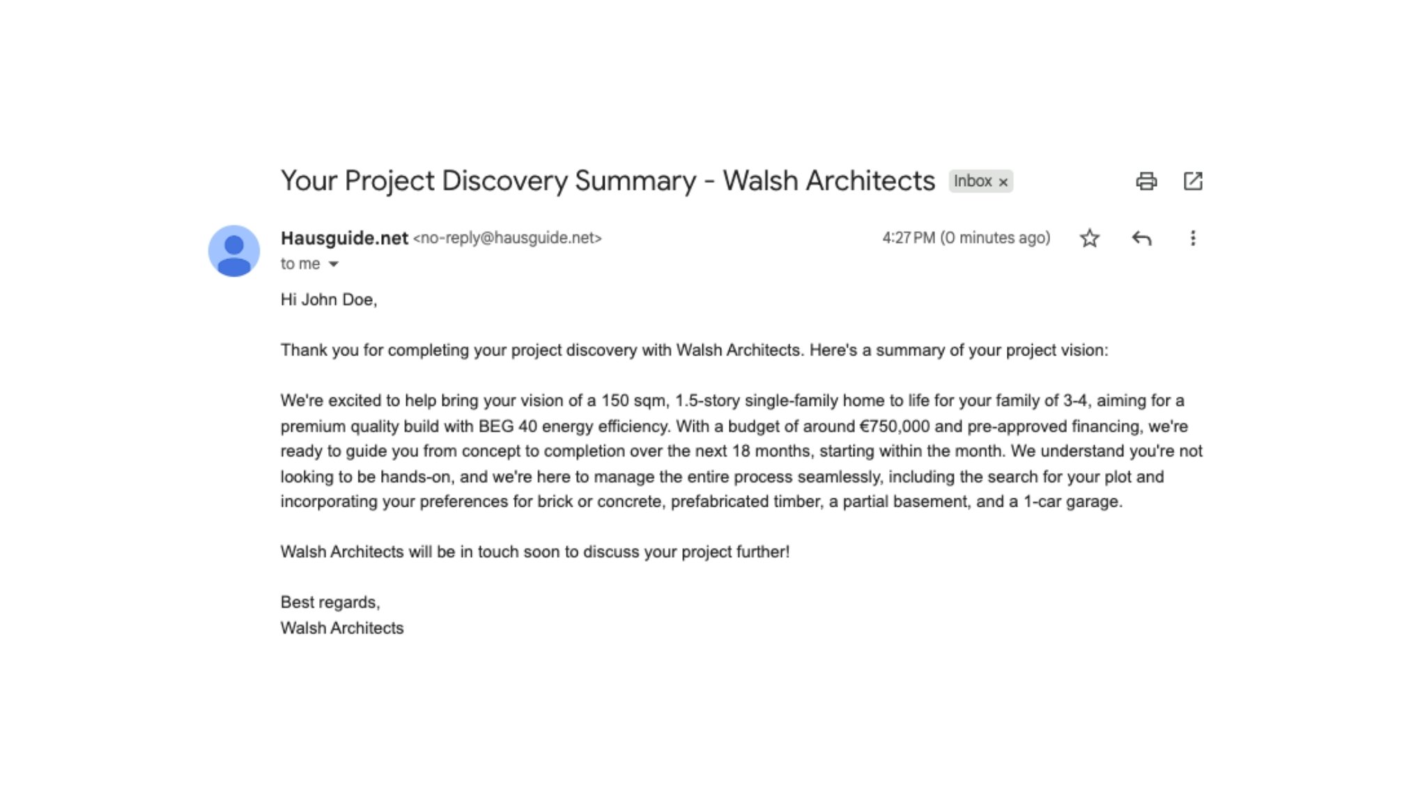 Project discovery summary showing structured information for confident architect conversations