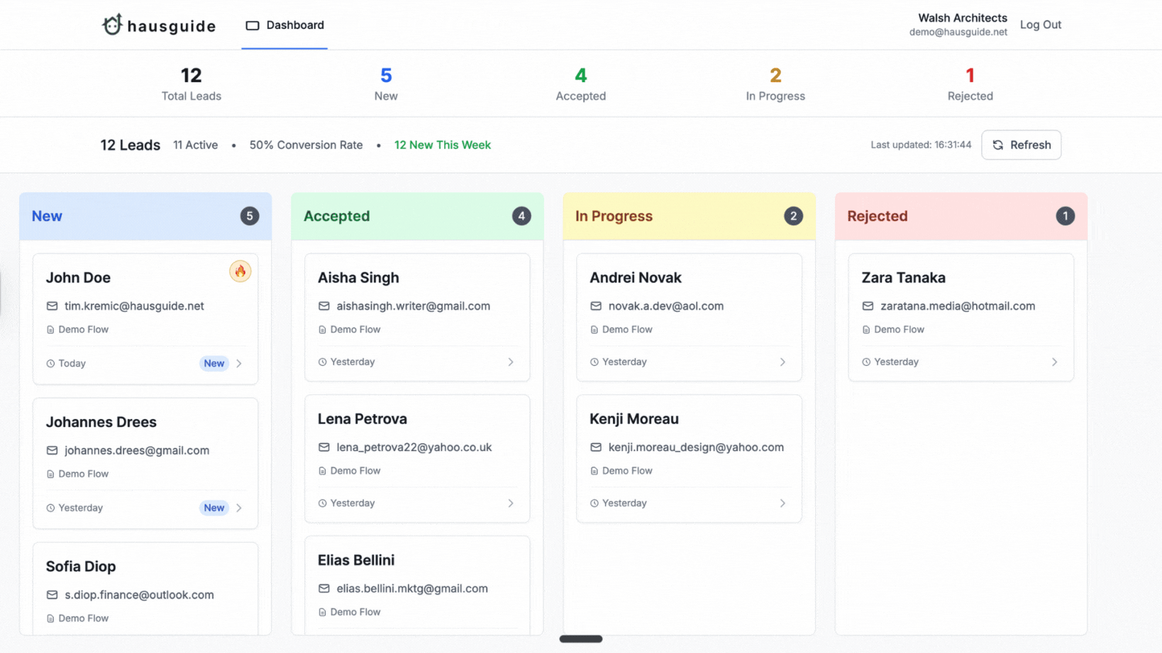 Lead management dashboard showing project pipeline, scoring, and analytics