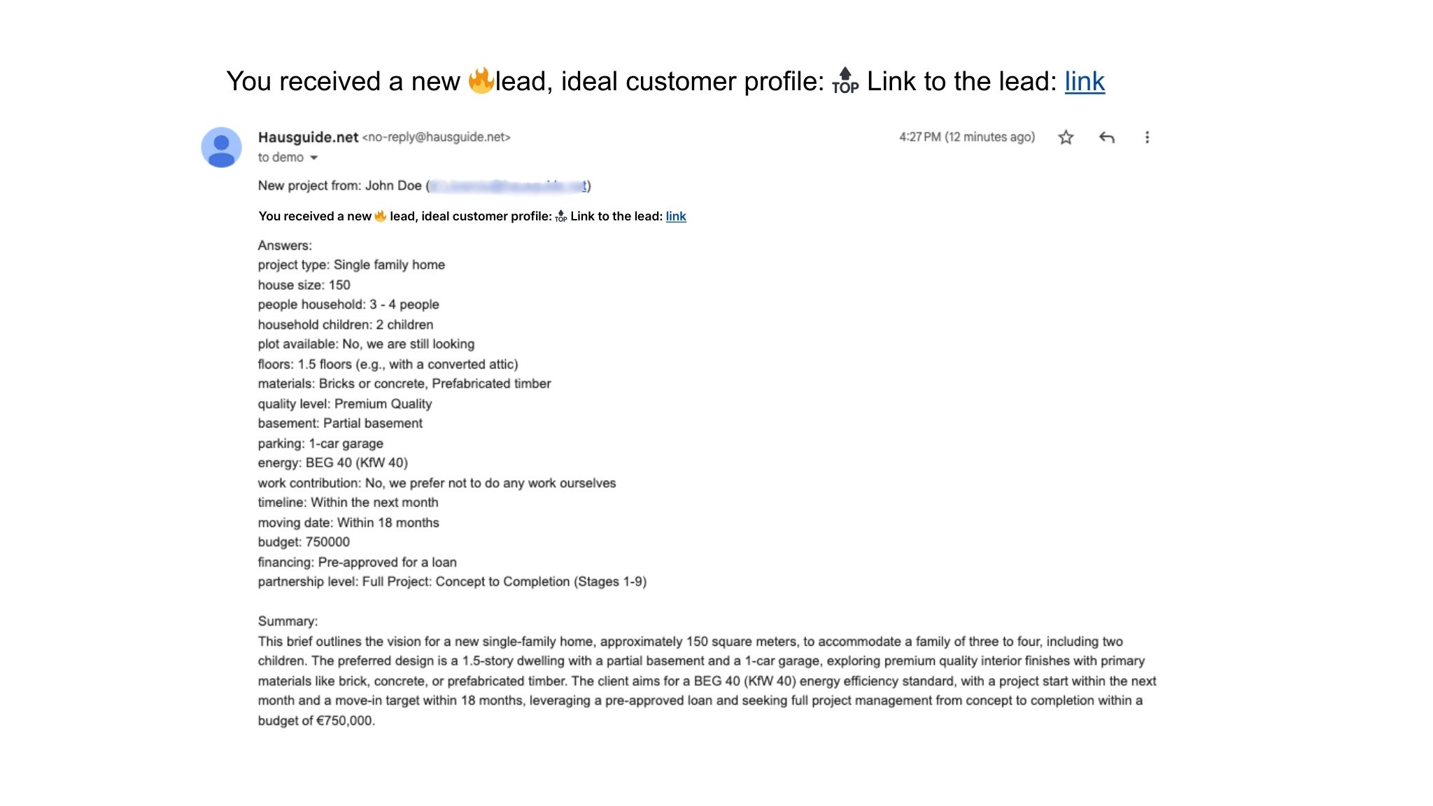 Email notification showing detailed project brief and lead information for architects
